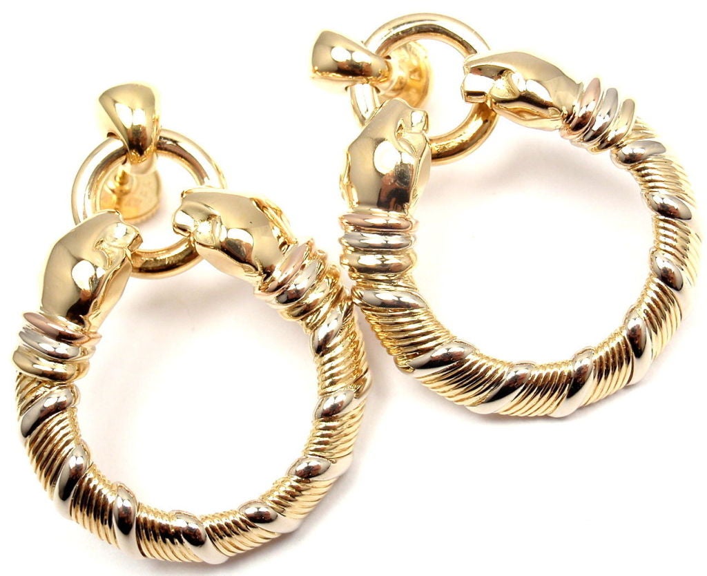18k Tri-Color Gold (Yellow, White, Rose) Door Knocker Hoop Earrings by Cartier. 

Details: 
Measurements:	1 1/4