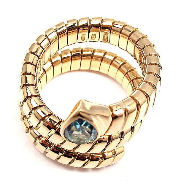 BULGARI Tubogas Blue Topaz Yellow Gold Coil Snake Ring In New Condition In Southampton, PA
