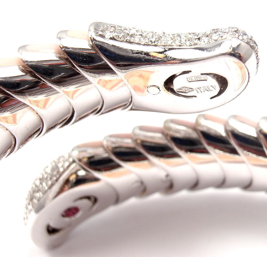 Women's ROBERTO COIN Enamel Ruby Diamond White Gold Cobra Bangle Bracelet For Sale