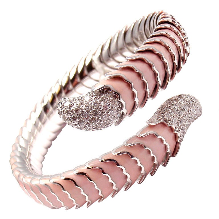 ROBERTO COIN Enamel Ruby Diamond White Gold Cobra Bangle Bracelet For Sale