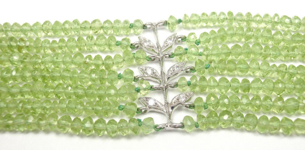 Platinum Diamond 7 Rows Peridot Wheat Bracelet by Cathy Waterman. 
With 18 diamonds approx. .54ct VS -SI clarity

Details:
Length: 6 3/4"
Width: 1"
Weight: 28 grams
Stamped Hallmarks: CW 900PLAT
*Free Shipping within the United