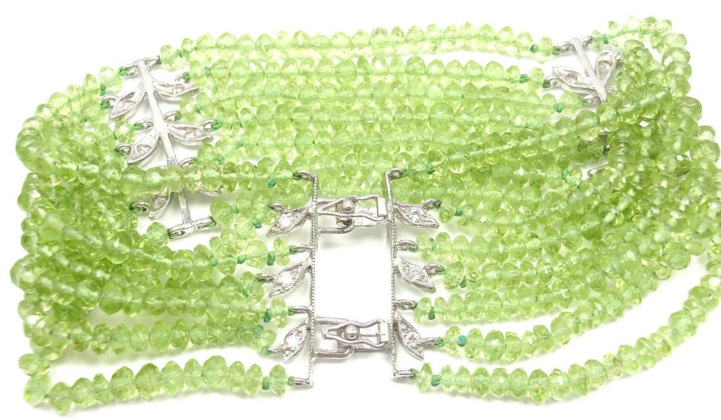 Cathy Waterman Seven-Row Peridot Diamond Platinum Wheat Bracelet In New Condition In Holland, PA