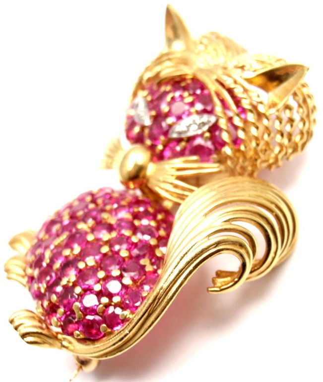 Tiffany & Co. Diamond Ruby Yellow Gold Cat Brooch Pin 3