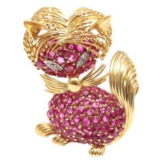 Tiffany & Co. Diamond Ruby Yellow Gold Cat Brooch Pin