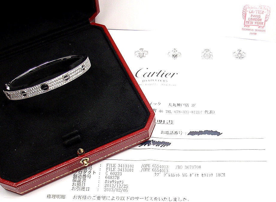 Women's Cartier Love All Diamond & Ceramic White Gold Bangle Bracelet Size 18