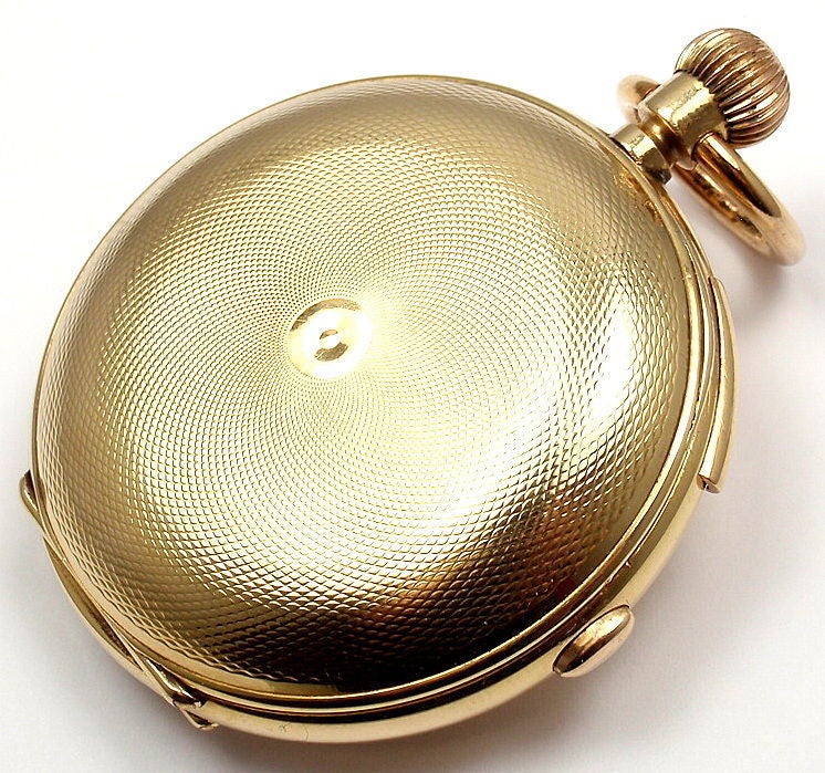 Yellow Gold Hunting Cased Quarter Repeater Chronograph Pocket Watch In Excellent Condition In Holland, PA