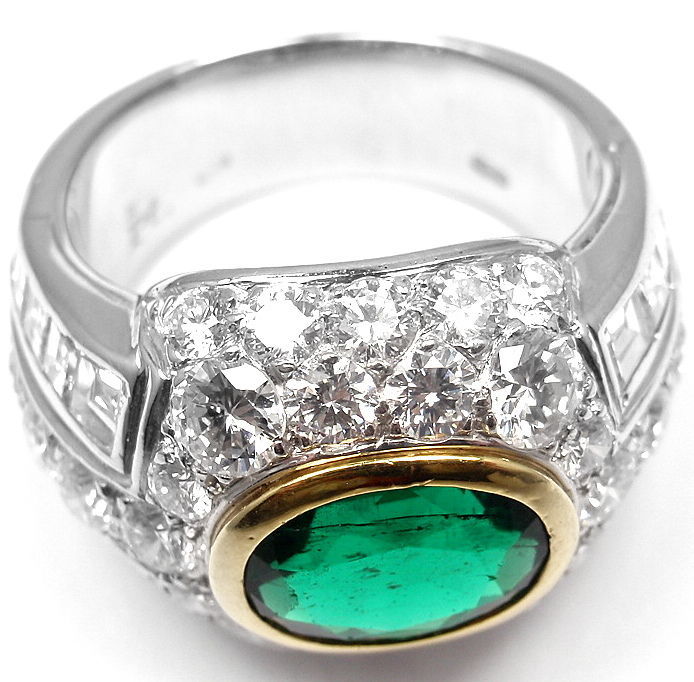 Platinum 3.5CT Diamond and 2CT Emerald AGL Certificate Ring by Patek Philippe. With Round brilliant cut diamonds, VVS1 clarity, E color. Total Diamond Weight: 3.5CT. One Gorgeous Oval Cut Emerald, Total Weight: 2CT. This ring is AGL certified.