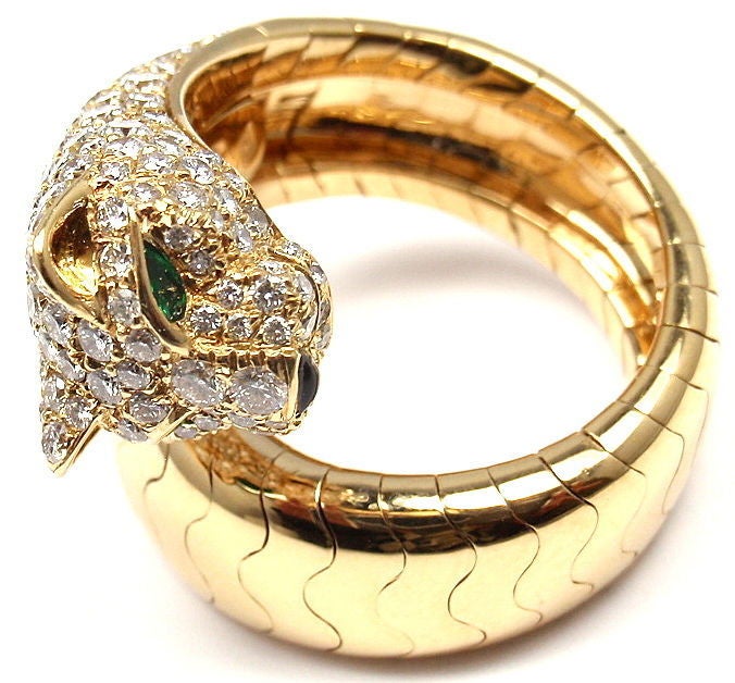 18k Gelbgold Diamant:: Smaragd:: und Onyx Panther Ring von Cartier. Teil der Kollektion 