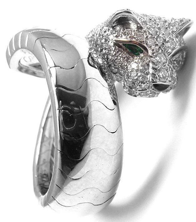 18k White Gold Diamond, Emerald, Onyx Panther Ring by Cartier. Part of Cartier's 
