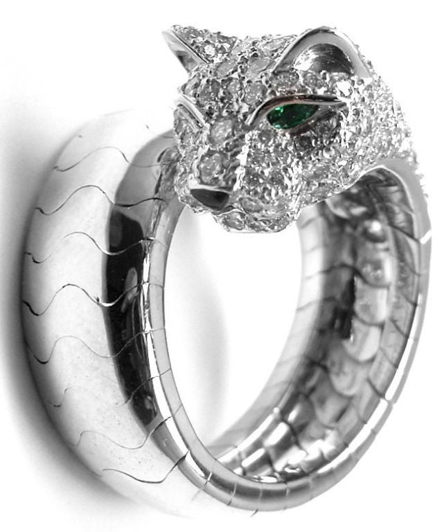 Women's Cartier Diamond Emerald Onyx White Gold Panther Ring