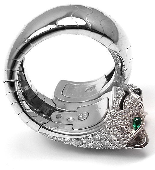 Cartier Diamond Emerald Onyx White Gold Panther Ring 3