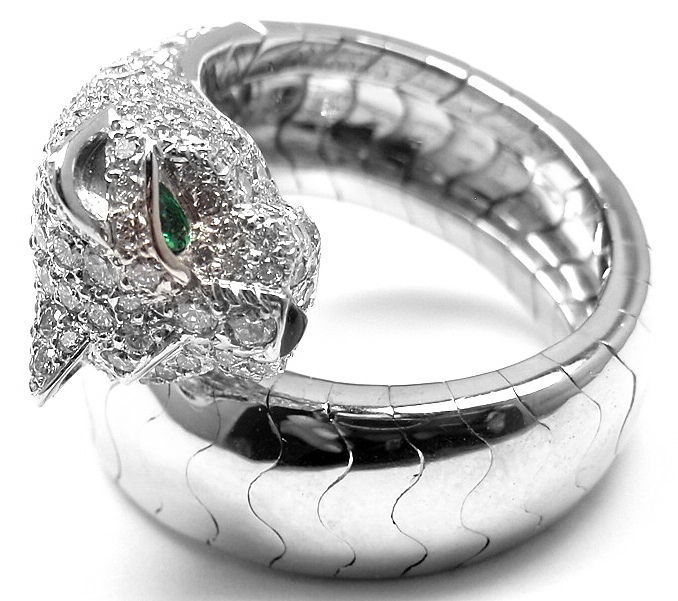 Cartier Diamond Emerald Onyx White Gold Panther Ring 4