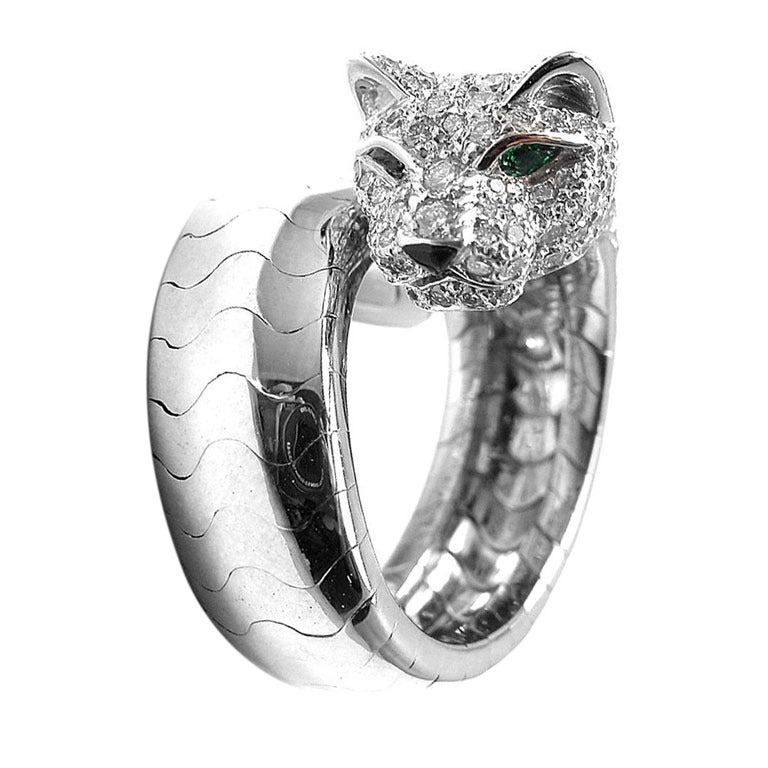 Cartier Diamond Emerald Onyx White Gold Panther Ring