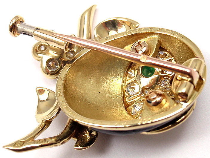 VAN CLEEF & ARPELS Owl Diamond Emerald Enamel Yellow Gold Brooch Pin 1