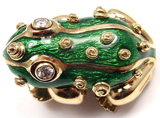 18k Yellow Gold Diamond & Green Enamel Lucky Frog Pin Brooch by David Webb. With 2 round brilliant cut diamonds. Total Diamond Weight: .10CT. 

Details: 
Measurements:	1
