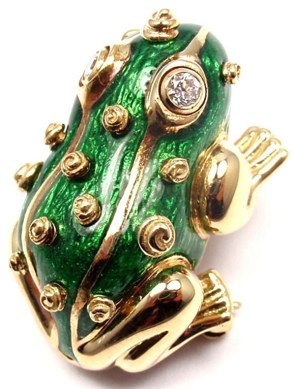 Women's DAVID WEBB Diamond Green Enamel Lucky Frog Yellow Gold Pin Brooch