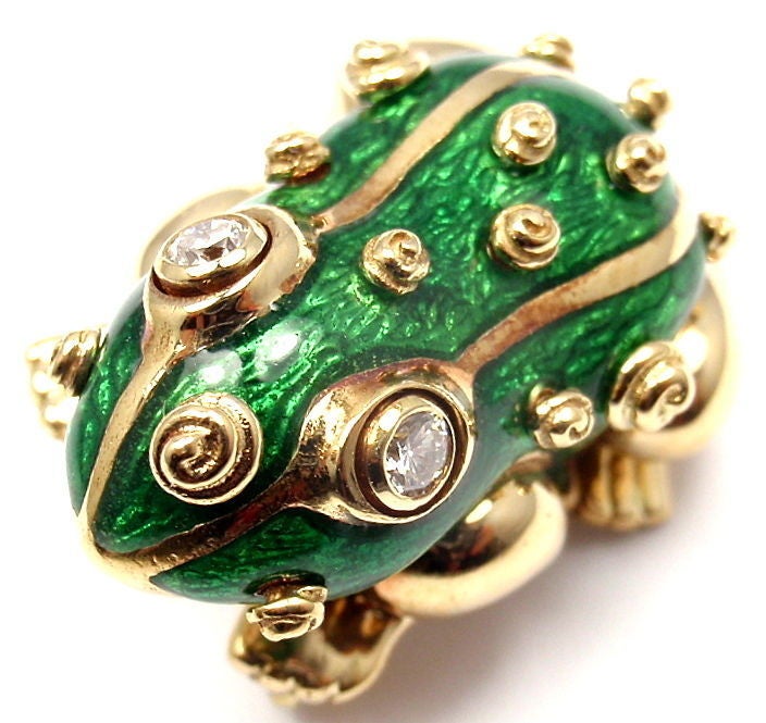 DAVID WEBB Diamond Green Enamel Lucky Frog Yellow Gold Pin Brooch 1
