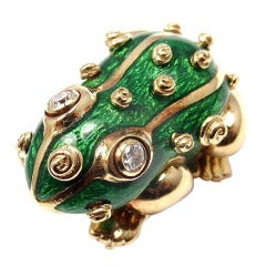 DAVID WEBB Diamond Green Enamel Lucky Frog Yellow Gold Pin Brooch