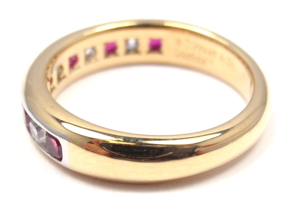 Tiffany & Co. Ruby Diamond Yellow Gold Platinum Lucida Band Ring In Excellent Condition In Holland, PA