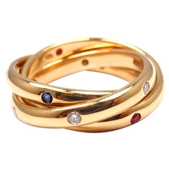 Cartier Tricolor Ruby Sapphire Diamond Gold Trinity Band Ring