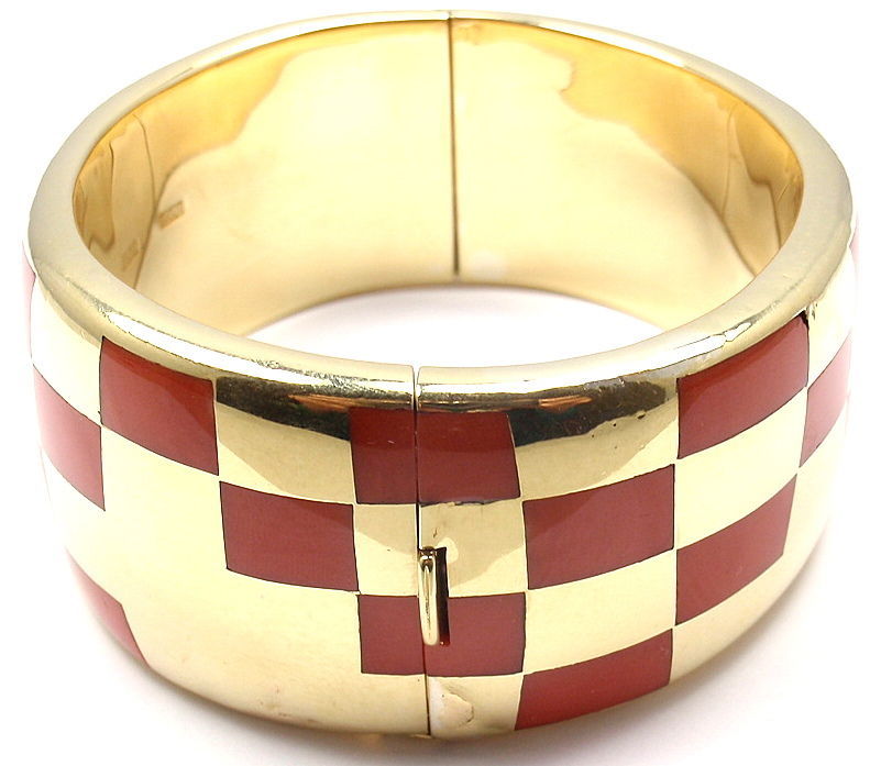 Women's Tiffany & Co. Coral Inlaid Yellow Gold Bangle Bracelet
