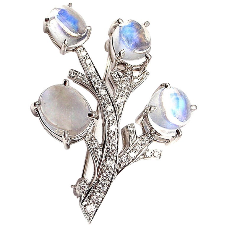 Tiffany & Co. Diamond Moonstone Flower Platinum Brooch Pin