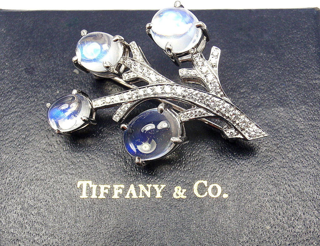 Women's Tiffany & Co. Diamond Moonstone Flower Platinum Brooch Pin