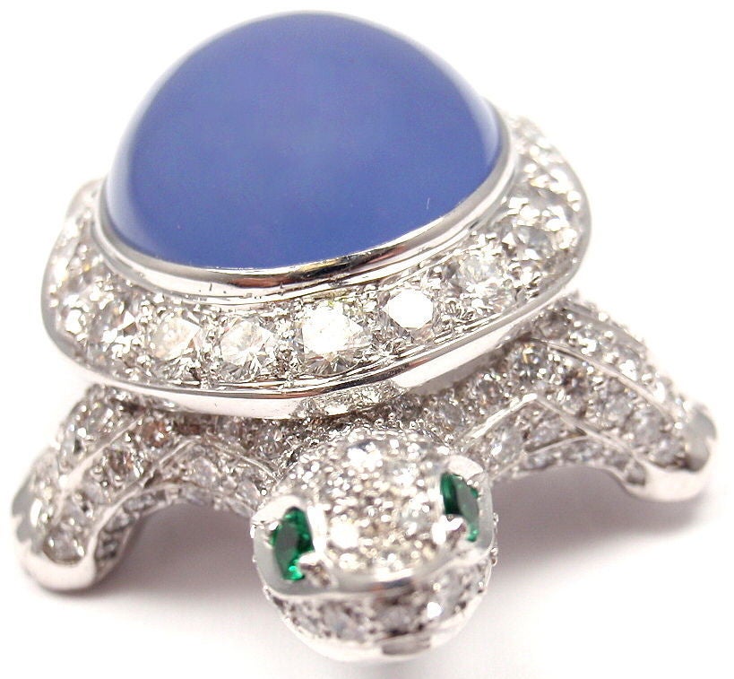 Women's or Men's Cartier Turtle Chalcedony Emerald Diamond White Gold Pin Brooch