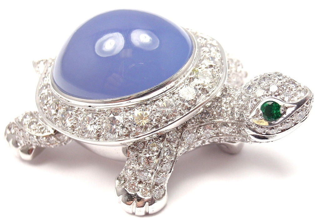Cartier Turtle Chalcedony Emerald Diamond White Gold Pin Brooch 1