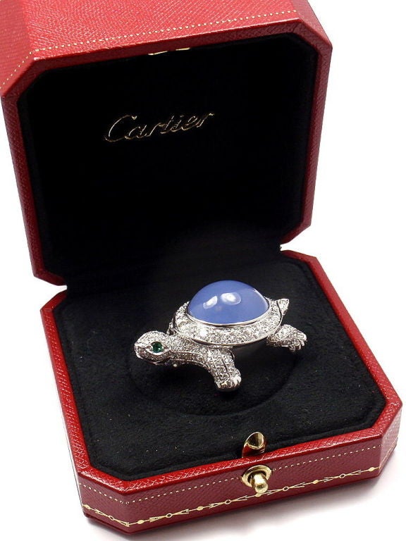 Cartier Turtle Chalcedony Emerald Diamond White Gold Pin Brooch 2