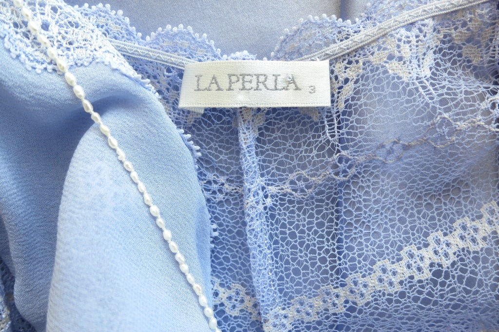 LA PERLA Soft blue silk & lace slip dress with rice pearl strand 6