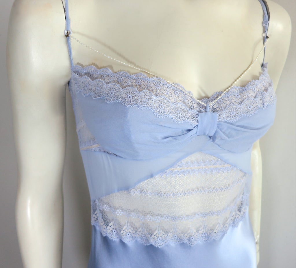 LA PERLA Soft blue silk & lace slip dress with rice pearl strand.  Luxurious silk charmeuse fabrication with silk chiffon and lace insets.  Detachable front neck, rice pearl strand. Sheer panel at sides, and front midriff