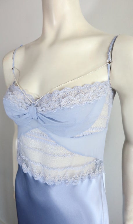 Women's LA PERLA Soft blue silk & lace slip dress with rice pearl strand