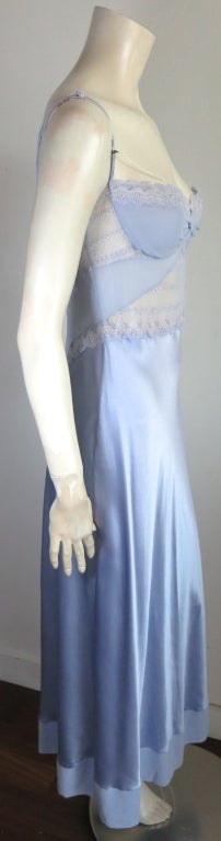 LA PERLA Soft blue silk & lace slip dress with rice pearl strand 1