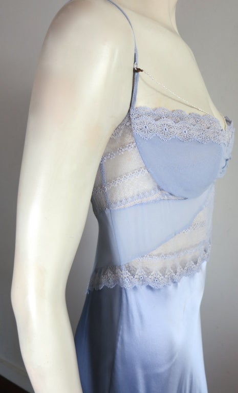 LA PERLA Soft blue silk & lace slip dress with rice pearl strand 2