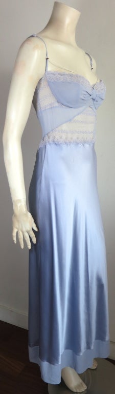 LA PERLA Soft blue silk & lace slip dress with rice pearl strand 3