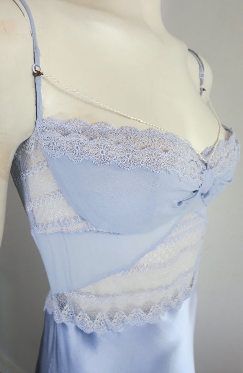 LA PERLA Soft blue silk & lace slip dress with rice pearl strand 4
