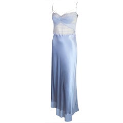 LA PERLA Soft blue silk & lace slip dress with rice pearl strand