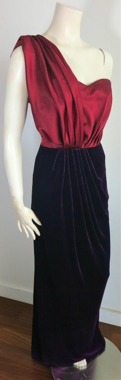 Women's JACQUES FATH Silk red satin & purple velvet draped shoulder gown