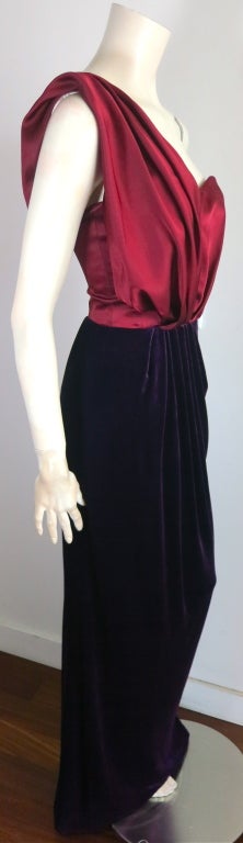 JACQUES FATH Silk red satin & purple velvet draped shoulder gown 1