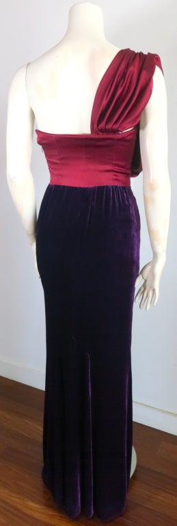 JACQUES FATH Silk red satin & purple velvet draped shoulder gown 2
