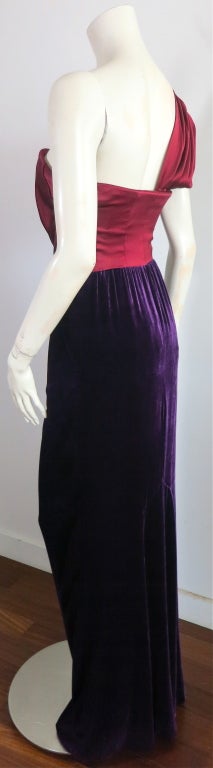 JACQUES FATH Silk red satin & purple velvet draped shoulder gown 3