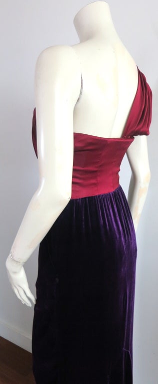 JACQUES FATH Silk red satin & purple velvet draped shoulder gown 4