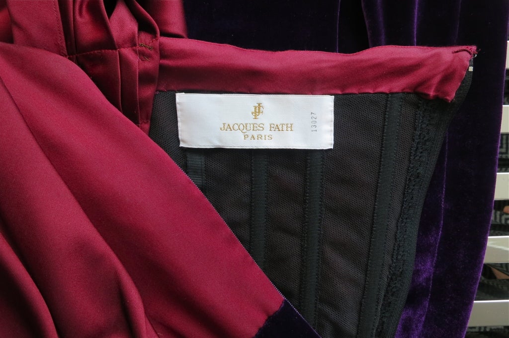 JACQUES FATH Silk red satin & purple velvet draped shoulder gown 5