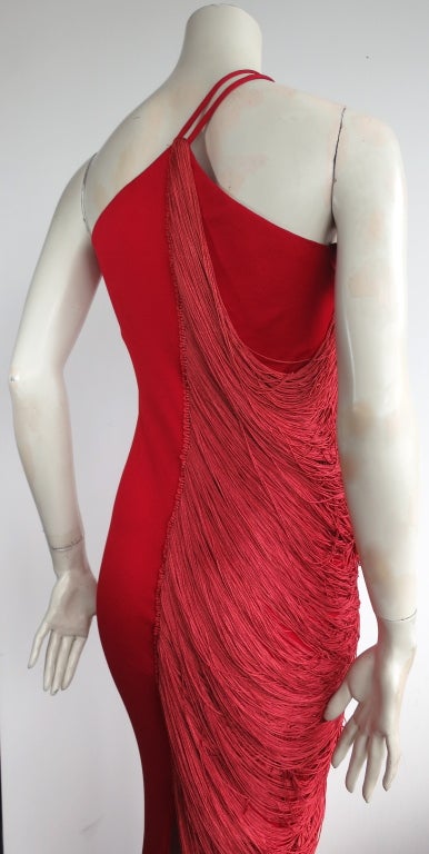 Vintage BILL BLASS early 1970's era scarlet draped fringe dress at 1stDibs