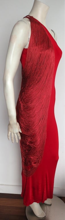 Vintage BILL BLASS early 1970's era scarlet draped fringe dress 2