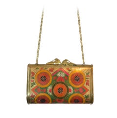Vintage 1960's era engraved brass floral enamel minaudiere purse