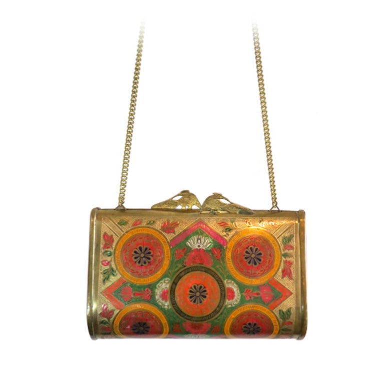 Vintage 1960
s era engraved brass floral enamel minaudiere purse