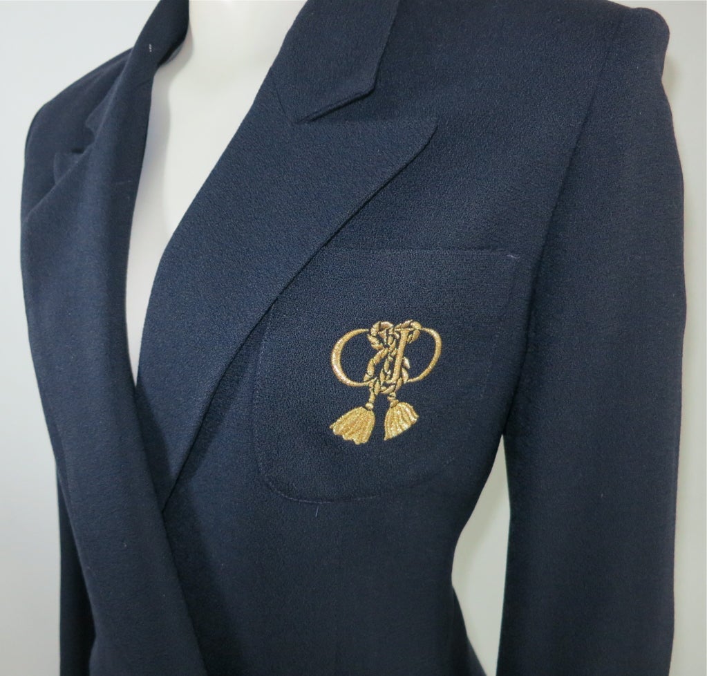 Women's CHRISTIAN DIOR 1980's era Navy wool suit with gold embroidery