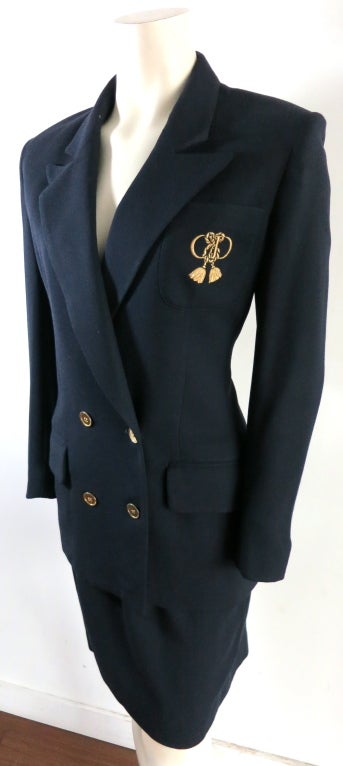 CHRISTIAN DIOR 1980's era Navy wool suit with gold embroidery 1